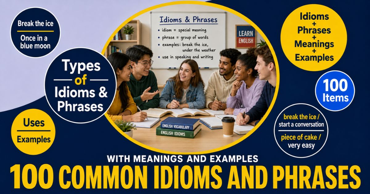 Featured image for “100 Common Idioms and Phrases with Meanings and Examples”