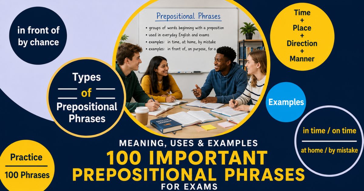 Featured image for “100 Important Prepositional Phrases for Exams (with Bengali Meaning)”