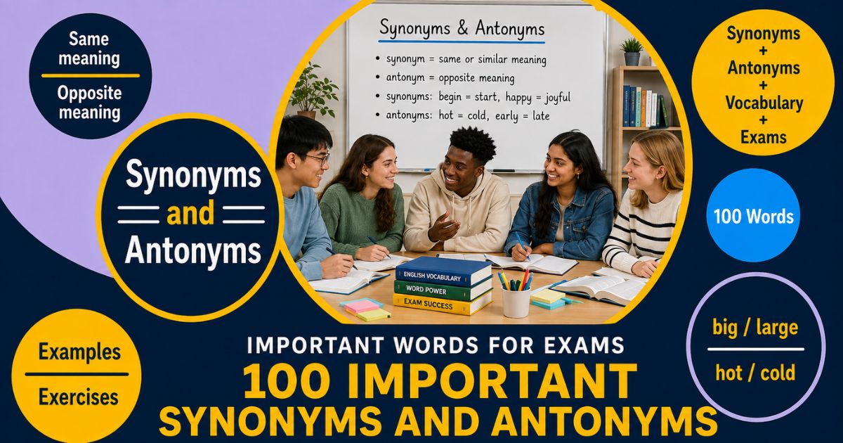 Featured image for “100 Important Synonyms and Antonyms for Exams (with Bengali Meaning)”